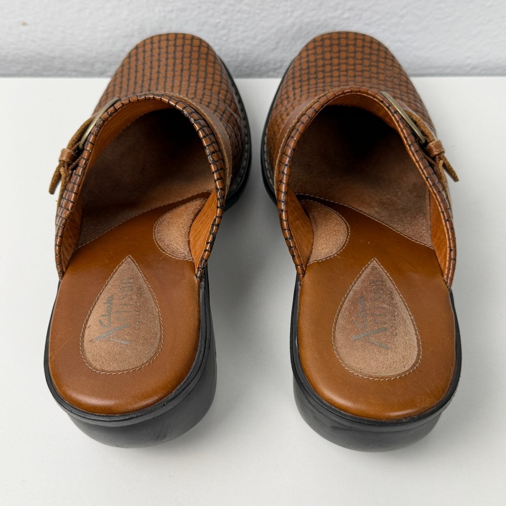 Clarks Artisan Mules Woven Leather Buckle 7.5M Brown Wedge Clogs - Picture 12 of 14